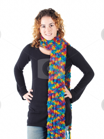 To use this stock image in your creative project, please select the size you need over to the right and click the "Add to Cart" button.
Your downloaded image will come with the Cutcaster watermark removed so don’t worry about the watermark you see on this page. Young adult woman stock photo, Cute young adult caucasian woman curly red hair in a black top, blue jeans and a colorful scarf on a white background in various poses, with various facial expressions. Not Isolated by Sean Nel