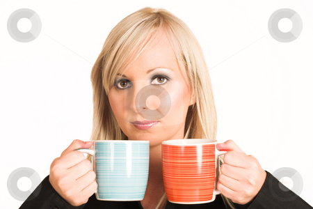 To use this stock image in your creative project, please select the size you need over to the right and click the "Add to Cart" button.
Your downloaded image will come with the Cutcaster watermark removed so don’t worry about the watermark you see on this page. Business Woman #303 stock photo, Blond business woman dressed in black trousers and a black shirt. Holding two mugs. by Sean Nel