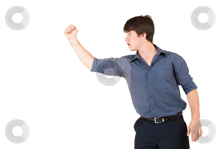 To use this stock image in your creative project, please select the size you need over to the right and click the "Add to Cart" button.
Your downloaded image will come with the Cutcaster watermark removed so don’t worry about the watermark you see on this page. Businessman #62 stock photo, Businessman in blue shirt, showing a fist by Sean Nel
