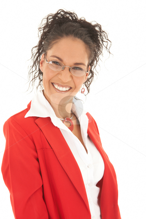 To use this stock image in your creative project, please select the size you need over to the right and click the "Add to Cart" button.
Your downloaded image will come with the Cutcaster watermark removed so don’t worry about the watermark you see on this page. Beautiful Caucasian businesswoman stock photo, Portrait of a beautiful young Caucasian businesswoman with curly hair and glasses wearing red suit on white background. NOT ISOLATED by Sean Nel