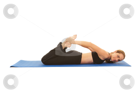 To use this stock image in your creative project, please select the size you need over to the right and click the "Add to Cart" button.
Your downloaded image will come with the Cutcaster watermark removed so don’t worry about the watermark you see on this page. Pilates exercise series stock photo, Fit young brunette pilates instructor showing different exercises on a white background a blue yoga mat. White background NOT ISOLATED by Sean Nel