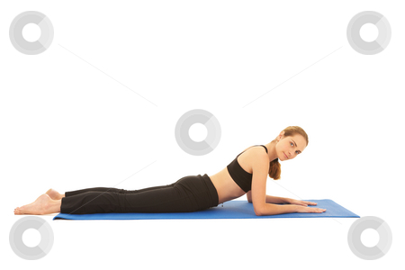To use this stock image in your creative project, please select the size you need over to the right and click the "Add to Cart" button.
Your downloaded image will come with the Cutcaster watermark removed so don’t worry about the watermark you see on this page. Pilates exercise series stock photo, Fit young brunette pilates instructor showing different exercises on a white background a blue yoga mat. White background NOT ISOLATED by Sean Nel