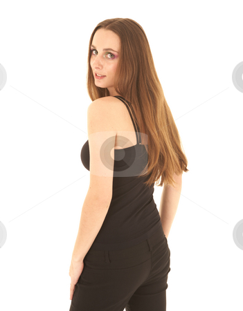 To use this stock image in your creative project, please select the size you need over to the right and click the "Add to Cart" button.
Your downloaded image will come with the Cutcaster watermark removed so don’t worry about the watermark you see on this page. Sexy brunette businesswoman stock photo, Sexy young adult Caucasian businesswoman in a tight black sexy top on a white background seen from behind, looking over her shoulder by Sean Nel