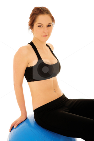 To use this stock image in your creative project, please select the size you need over to the right and click the "Add to Cart" button.
Your downloaded image will come with the Cutcaster watermark removed so don’t worry about the watermark you see on this page. Woman on gymball stock photo, Young Caucasian woman with red hair sitting on blue gymball against a white background. Not isolated by Sean Nel