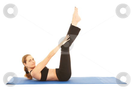 To use this stock image in your creative project, please select the size you need over to the right and click the "Add to Cart" button.
Your downloaded image will come with the Cutcaster watermark removed so don’t worry about the watermark you see on this page. Pilates exercise series stock photo, Fit young brunette pilates instructor showing different exercises on a white background with basic pilates equipment ion a yoga mat. White background, NOT ISOLATED by Sean Nel
