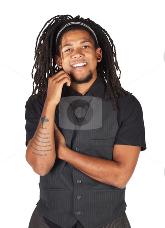To use this stock image in your creative project, please select the size you need over to the right and click the "Add to Cart" button.
Your downloaded image will come with the Cutcaster watermark removed so don’t worry about the watermark you see on this page. Handsome African businessman stock photo, Handsome African businessman with long hair in black informal suit on white background. NOT ISOLATED by Sean Nel