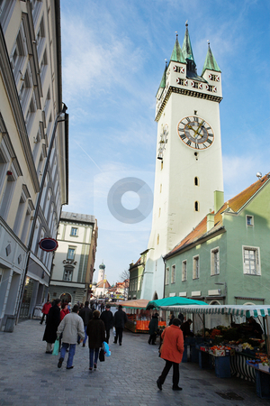 To use this stock image in your creative project, please select the size you need over to the right and click the "Add to Cart" button.
Your downloaded image will come with the Cutcaster watermark removed so don’t worry about the watermark you see on this page. Straubing #2 stock photo, The market in front of the Stadtturm in Straubing, Bavaria, Germany by Sean Nel