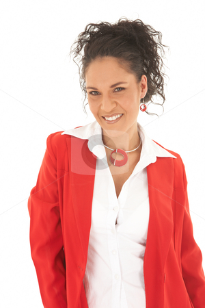 To use this stock image in your creative project, please select the size you need over to the right and click the "Add to Cart" button.
Your downloaded image will come with the Cutcaster watermark removed so don’t worry about the watermark you see on this page. Beautiful Caucasian businesswoman stock photo, Portrait of a beautiful young Caucasian businesswoman with curly hair in an updo hairstyle wearing red suit on white background. NOT ISOLATED by Sean Nel