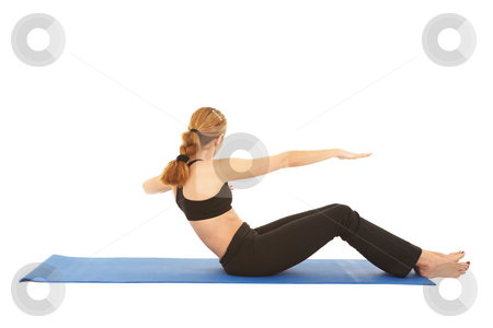 To use this stock image in your creative project, please select the size you need over to the right and click the "Add to Cart" button.
Your downloaded image will come with the Cutcaster watermark removed so don’t worry about the watermark you see on this page. Pilates exercise series stock photo, Fit young brunette pilates instructor showing different exercises on a white background a blue yoga mat. White background NOT ISOLATED by Sean Nel