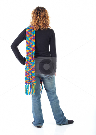 To use this stock image in your creative project, please select the size you need over to the right and click the "Add to Cart" button.
Your downloaded image will come with the Cutcaster watermark removed so don’t worry about the watermark you see on this page. Young adult woman stock photo, Cute young adult caucasian woman curly red hair in a black top, blue jeans and a colorful scarf on a white background in various poses, with various facial expressions. Not Isolated by Sean Nel