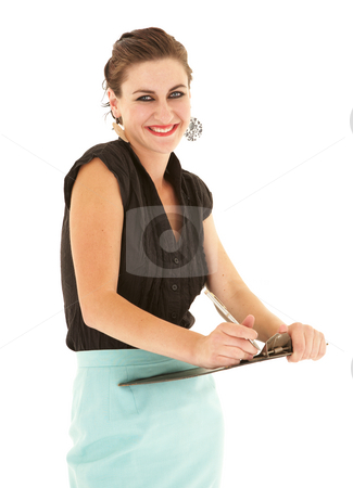 To use this stock image in your creative project, please select the size you need over to the right and click the "Add to Cart" button.
Your downloaded image will come with the Cutcaster watermark removed so don’t worry about the watermark you see on this page. Young adult businesswoman
stock photo, Young beautiful adult Caucasian businesswoman with clipboard against a white background by Sean Nel
