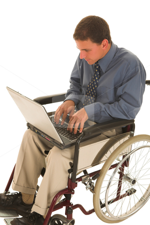 To use this stock image in your creative project, please select the size you need over to the right and click the "Add to Cart" button.
Your downloaded image will come with the Cutcaster watermark removed so don’t worry about the watermark you see on this page. Businessman #135 stock photo, Businessman working on a laptop in a wheelchair by Sean Nel