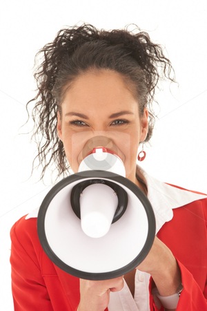 To use this stock image in your creative project, please select the size you need over to the right and click the "Add to Cart" button.
Your downloaded image will come with the Cutcaster watermark removed so don’t worry about the watermark you see on this page. Beautiful Caucasian businesswoman stock photo, Portrait of a beautiful young Caucasian businesswoman with curly hair in an updo style talking over megaphone on white background. NOT ISOLATED by Sean Nel