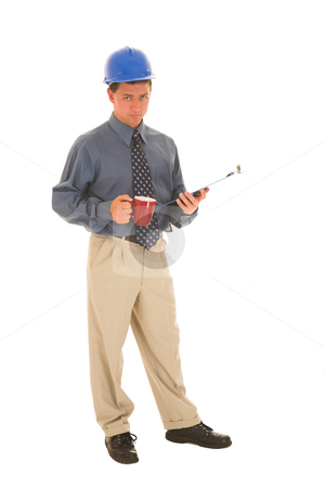 To use this stock image in your creative project, please select the size you need over to the right and click the "Add to Cart" button.
Your downloaded image will come with the Cutcaster watermark removed so don’t worry about the watermark you see on this page. Businessman #98 stock photo, Man standing in a helmet with a clipboard and coffee in his hands. by Sean Nel