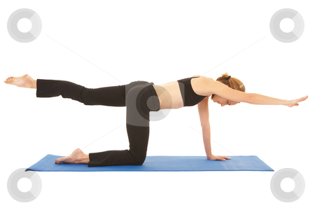 To use this stock image in your creative project, please select the size you need over to the right and click the "Add to Cart" button.
Your downloaded image will come with the Cutcaster watermark removed so don’t worry about the watermark you see on this page. Pilates exercise series stock photo, Fit young brunette pilates instructor showing different exercises on a white background a blue yoga mat. White background NOT ISOLATED by Sean Nel