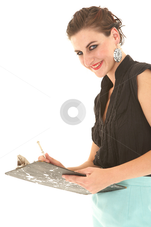 To use this stock image in your creative project, please select the size you need over to the right and click the "Add to Cart" button.
Your downloaded image will come with the Cutcaster watermark removed so don’t worry about the watermark you see on this page. Sexy brunette businesswoman stock photo, Sexy young adult Caucasian businesswoman in a tight black sexy blouse on a white background with a pen and clipboard by Sean Nel