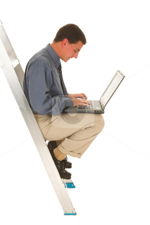 To use this stock image in your creative project, please select the size you need over to the right and click the "Add to Cart" button.
Your downloaded image will come with the Cutcaster watermark removed so don’t worry about the watermark you see on this page. Businessman #43 stock photo, Man sitting on ladder working on laptop. by Sean Nel