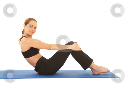 To use this stock image in your creative project, please select the size you need over to the right and click the "Add to Cart" button.
Your downloaded image will come with the Cutcaster watermark removed so don’t worry about the watermark you see on this page. Pilates exercise series stock photo, Fit young brunette pilates instructor showing different exercises on a white background a blue yoga mat. White background NOT ISOLATED by Sean Nel
