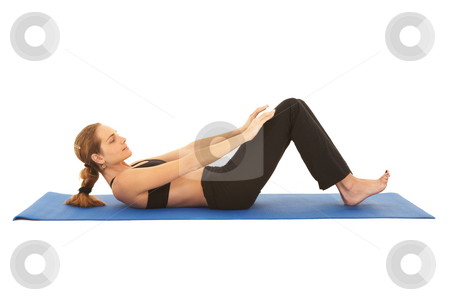 To use this stock image in your creative project, please select the size you need over to the right and click the "Add to Cart" button.
Your downloaded image will come with the Cutcaster watermark removed so don’t worry about the watermark you see on this page. Pilates exercise series stock photo, Fit young brunette pilates instructor showing different exercises on a white background a blue yoga mat. White background NOT ISOLATED by Sean Nel