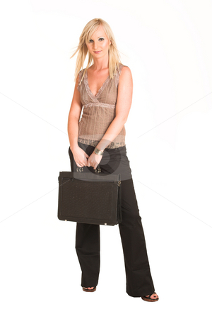 To use this stock image in your creative project, please select the size you need over to the right and click the "Add to Cart" button.
Your downloaded image will come with the Cutcaster watermark removed so don’t worry about the watermark you see on this page. Business Woman #306 stock photo, Blond business woman dressed in black trousers and a black shirt. Holding a blank leather suitcase by Sean Nel