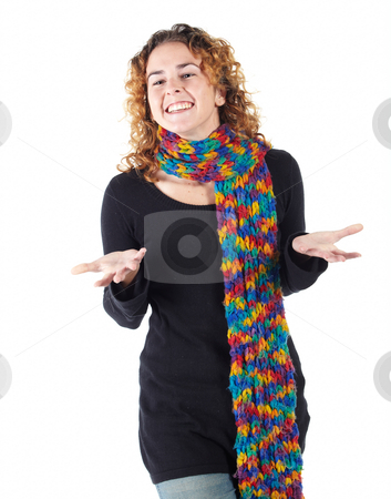 To use this stock image in your creative project, please select the size you need over to the right and click the "Add to Cart" button.
Your downloaded image will come with the Cutcaster watermark removed so don’t worry about the watermark you see on this page. Young adult woman stock photo, Cute young adult caucasian woman curly red hair in a black top and a colorful scarf on a white background in various poses, with various facial expressions. Not Isolated by Sean Nel