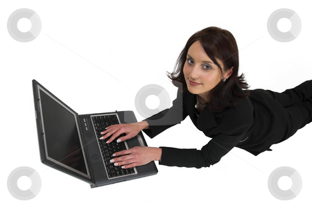 To use this stock image in your creative project, please select the size you need over to the right and click the "Add to Cart" button.
Your downloaded image will come with the Cutcaster watermark removed so don’t worry about the watermark you see on this page. Luzaan Roodt #21 stock photo, Business woman in formal black suit, working on laptop, laying on floor, looking up by Sean Nel