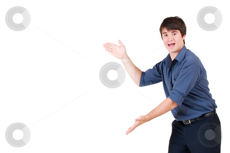 To use this stock image in your creative project, please select the size you need over to the right and click the "Add to Cart" button.
Your downloaded image will come with the Cutcaster watermark removed so don’t worry about the watermark you see on this page. Businessman #61 stock photo, Businessman in blue shirt, showing with his hands, mouth open - copy space by Sean Nel