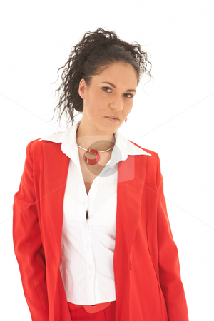 To use this stock image in your creative project, please select the size you need over to the right and click the "Add to Cart" button.
Your downloaded image will come with the Cutcaster watermark removed so don’t worry about the watermark you see on this page. Beautiful Caucasian businesswoman stock photo, Portrait of a beautiful young Caucasian businesswoman with curly hair in an updo hairstyle wearing red suit on white background. NOT ISOLATED by Sean Nel