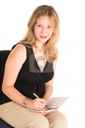 To use this stock image in your creative project, please select the size you need over to the right and click the "Add to Cart" button.
Your downloaded image will come with the Cutcaster watermark removed so don’t worry about the watermark you see on this page. Business Woman #505 stock photo, Pregnant Business Woman, wearing black top and beige pants, writing in note book. by Sean Nel