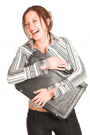 To use this stock image in your creative project, please select the size you need over to the right and click the "Add to Cart" button.
Your downloaded image will come with the Cutcaster watermark removed so don’t worry about the watermark you see on this page. Business Woman #333 stock photo, Business woman with brown hair, dressed in a white shirt with black stripes. Holding a black leather suitcase. Laughing. by Sean Nel
