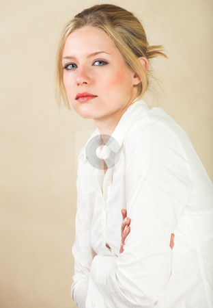 To use this stock image in your creative project, please select the size you need over to the right and click the "Add to Cart" button.
Your downloaded image will come with the Cutcaster watermark removed so don’t worry about the watermark you see on this page. Young adult woman stock photo, Portrait of a beautiful young adult Caucasian woman with light skin and straight blond hair, green eyes and red lips, wearing a white shirt by Sean Nel