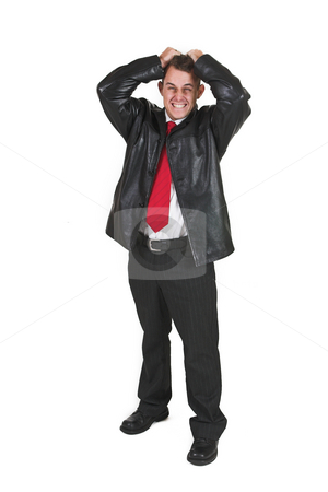 To use this stock image in your creative project, please select the size you need over to the right and click the "Add to Cart" button.
Your downloaded image will come with the Cutcaster watermark removed so don’t worry about the watermark you see on this page. Tollie Booysen #8 stock photo, Businessman in black leather jacket, white shirt and red tie. Hands on head pulling his hair. by Sean Nel