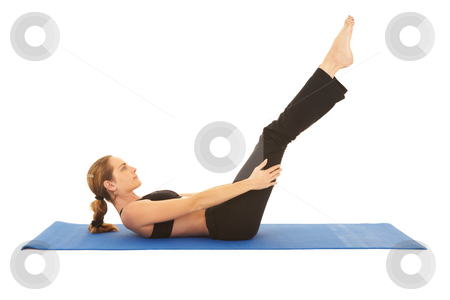 To use this stock image in your creative project, please select the size you need over to the right and click the "Add to Cart" button.
Your downloaded image will come with the Cutcaster watermark removed so don’t worry about the watermark you see on this page. Pilates exercise series stock photo, Fit young brunette pilates instructor showing different exercises on a white background a blue yoga mat. White background NOT ISOLATED by Sean Nel