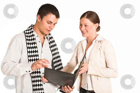 To use this stock image in your creative project, please select the size you need over to the right and click the "Add to Cart" button.
Your downloaded image will come with the Cutcaster watermark removed so don’t worry about the watermark you see on this page. Business People #34(FG) stock photo, Two business partners: one woman and one man. Looking at file. by Sean Nel