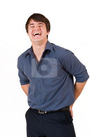 To use this stock image in your creative project, please select the size you need over to the right and click the "Add to Cart" button.
Your downloaded image will come with the Cutcaster watermark removed so don’t worry about the watermark you see on this page. Businessman #54 stock photo, Businessman in blue shirt, laughing - eyes halfway open by Sean Nel
