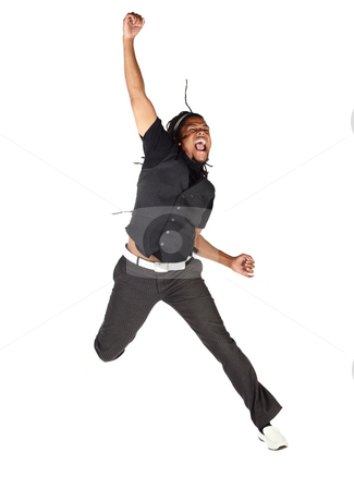 To use this stock image in your creative project, please select the size you need over to the right and click the "Add to Cart" button.
Your downloaded image will come with the Cutcaster watermark removed so don’t worry about the watermark you see on this page. Handsome African businessman stock photo, Handsome African businessman in black suit jumping from joy on white background. Not isolated by Sean Nel