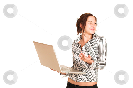 To use this stock image in your creative project, please select the size you need over to the right and click the "Add to Cart" button.
Your downloaded image will come with the Cutcaster watermark removed so don’t worry about the watermark you see on this page. Business Woman #358 stock photo, Business woman with brown hair, dressed in a white shirt with black stripes. Holding a computer. Copy space by Sean Nel