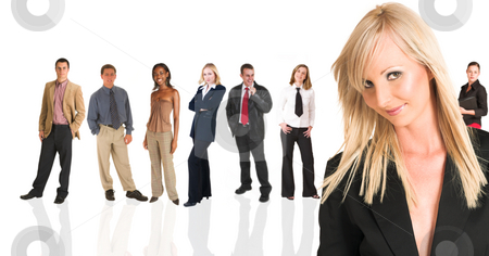 To use this stock image in your creative project, please select the size you need over to the right and click the "Add to Cart" button.
Your downloaded image will come with the Cutcaster watermark removed so don’t worry about the watermark you see on this page. Blonde businesswoman standing in front of a business people grou stock photo, Beautiful blonde businesswoman standing in front of a group of business people all isolated on white. The whole group consists of multiracial young adults. The foreground is in sharp focus with the people in the background slightly blurred. by Sean Nel