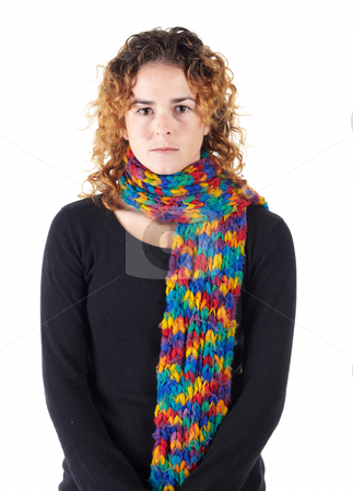To use this stock image in your creative project, please select the size you need over to the right and click the "Add to Cart" button.
Your downloaded image will come with the Cutcaster watermark removed so don’t worry about the watermark you see on this page. Young adult woman stock photo, Cute young adult caucasian woman curly red hair in a black top and a colorful scarf on a white background in various poses, with various facial expressions. Not Isolated by Sean Nel