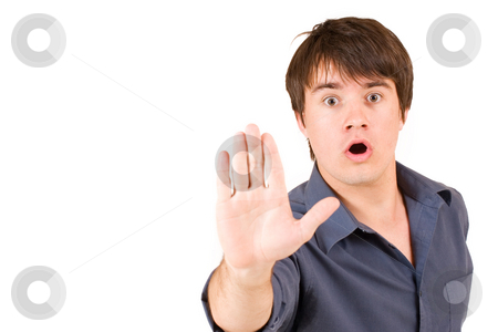 To use this stock image in your creative project, please select the size you need over to the right and click the "Add to Cart" button.
Your downloaded image will come with the Cutcaster watermark removed so don’t worry about the watermark you see on this page. Businessman #57 stock photo, Businessman in blue shirt holding hand up - copy space, hand out of focus, eyes in focus by Sean Nel