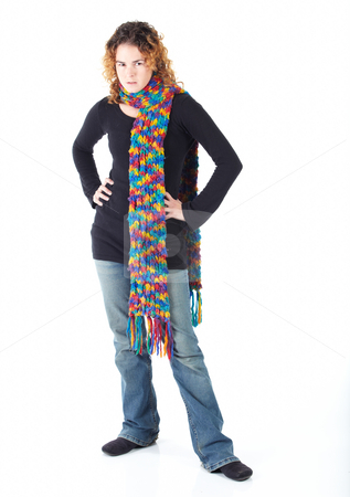 To use this stock image in your creative project, please select the size you need over to the right and click the "Add to Cart" button.
Your downloaded image will come with the Cutcaster watermark removed so don’t worry about the watermark you see on this page. Young adult woman stock photo, Cute young adult caucasian woman curly red hair in a black top, blue jeans and a colorful scarf on a white background in various poses, with various facial expressions. Not Isolated by Sean Nel
