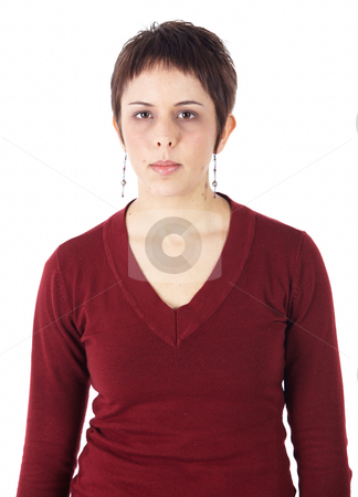 To use this stock image in your creative project, please select the size you need over to the right and click the "Add to Cart" button.
Your downloaded image will come with the Cutcaster watermark removed so don’t worry about the watermark you see on this page. Young adult woman stock photo, Cute young adult caucasian woman with short hair in a red top on a white background in various poses, with various facial expressions. Not Isolated by Sean Nel