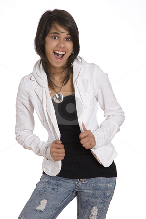 To use this stock image in your creative project, please select the size you need over to the right and click the "Add to Cart" button.
Your downloaded image will come with the Cutcaster watermark removed so don’t worry about the watermark you see on this page. Happy teen stock photo, Portrait of a teenager girl against white background in fashion with an expression of extreme happiness by Yann Poirier