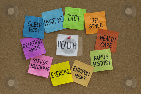 To use this stock image in your creative project, please select the size you need over to the right and click the "Add to Cart" button.
Your downloaded image will come with the Cutcaster watermark removed so don’t worry about the watermark you see on this page. Health concept - cloud of related words and topics stock photo, Health concept - word cloud or circle of contributing factors (diet, lifestyle, healtcare, family history, environment, exercise, stress, relationships, sleep, rest, hygiene), colorful sticky notes on cork bulletin board by Marek Uliasz