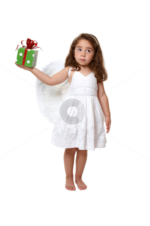 To use this stock image in your creative project, please select the size you need over to the right and click the "Add to Cart" button.
Your downloaded image will come with the Cutcaster watermark removed so don’t worry about the watermark you see on this page. Little angel girl holding a present stock photo, Little girl in feathered angel wings and white dress holds a present or gift by Leah-Anne Thompson