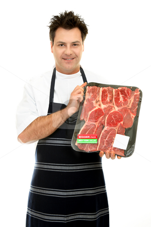To use this stock image in your creative project, please select the size you need over to the right and click the "Add to Cart" button.
Your downloaded image will come with the Cutcaster watermark removed so don’t worry about the watermark you see on this page. Butcher with tray of steak stock photo, Congenial butcher holding up some fresh tender steak by Leah-Anne Thompson