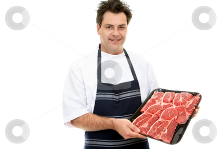 To use this stock image in your creative project, please select the size you need over to the right and click the "Add to Cart" button.
Your downloaded image will come with the Cutcaster watermark removed so don’t worry about the watermark you see on this page. Butcher showcasing steak stock photo, A butcher shows a tray of beef steak. by Leah-Anne Thompson
