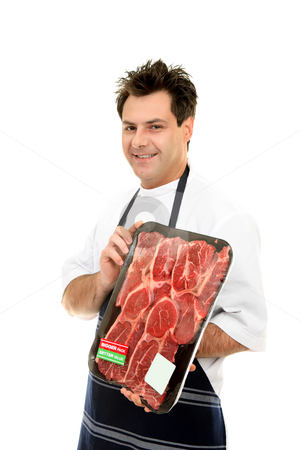 To use this stock image in your creative project, please select the size you need over to the right and click the "Add to Cart" button.
Your downloaded image will come with the Cutcaster watermark removed so don’t worry about the watermark you see on this page. Smiling Butcher stock photo, Smiling butcher holding meat tray by Leah-Anne Thompson
