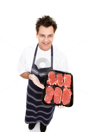 To use this stock image in your creative project, please select the size you need over to the right and click the "Add to Cart" button.
Your downloaded image will come with the Cutcaster watermark removed so don’t worry about the watermark you see on this page. Butcher displaying some beef stock photo, Try out tender beef cuts by Leah-Anne Thompson