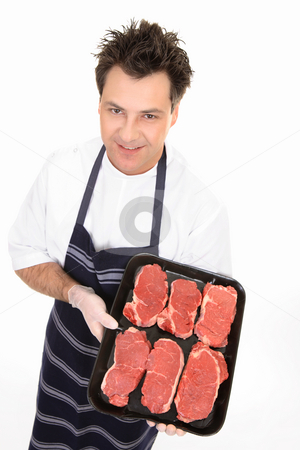 To use this stock image in your creative project, please select the size you need over to the right and click the "Add to Cart" button.
Your downloaded image will come with the Cutcaster watermark removed so don’t worry about the watermark you see on this page. Butcher with tender steak stock photo, Butcher showing a tray of tender scotch filet steak. by Leah-Anne Thompson